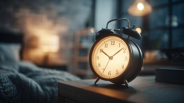 A bedside alarm clock radiates warmth, set against a blurred bedroom backdrop. The vintage design adds charm and evokes a cozy, nostalgic ambiance for the viewer.