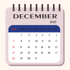The calendar shows December 2025 with dates numbered in clear boxes. Sundays are highlighted, and the layout is easy to read for planning events.