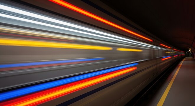 A subway train rushes through a tunnel creating colorful light streaks in a motion blur shot professional stock photography content - Powered by Adobe