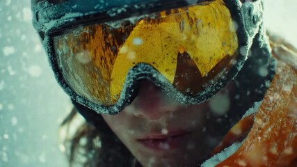 Video A person skiing or snowboarding with protective eyewear, possibly for a professional or recreational activity