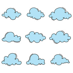 Hand-drawn cartoon set of blue clouds on a white background.