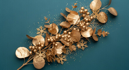 Golden foliage, berries, and snowflakes on a teal background, representing festive celebration and decoration, suitable for winter holidays or event design
