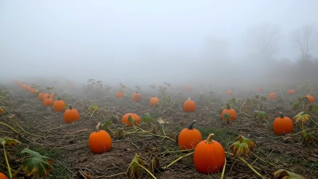 A pumpkin patch shrouded in dense fog. Orange pumpkins dot the ground amidst dying foliage. Bare trees can be seen in the distance, partially veiled