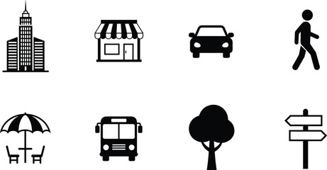 Set of urban city icons, black vector silhouettes of building, car, bus, shop, tree, and pedestrian, isolated illustration
