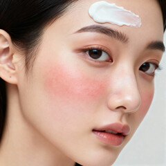 Asian Woman Applying Moisturizing Cream on Forehead