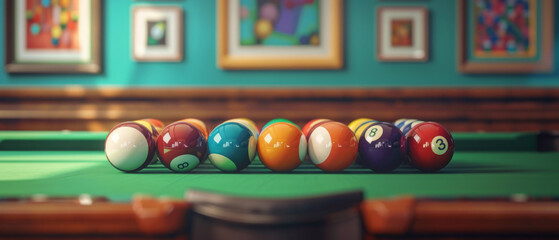 Colourful balls on a billiard table in a cosy interior are a stylish backdrop for advertising entertainment venues.