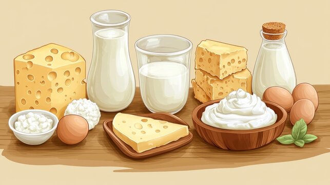 Cheese, milk, eggs and cream are laid out on the table — ideal ingredients for culinary recipes, creating an appetising backdrop for food blogs.