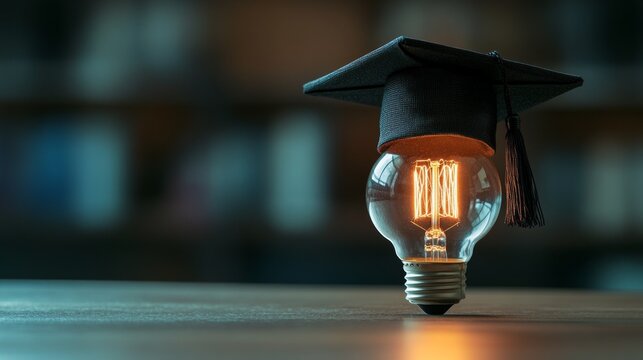 The glowing light bulb in the graduation cap symbolises the triumph of knowledge, creating an inspiring backdrop for educational projects.