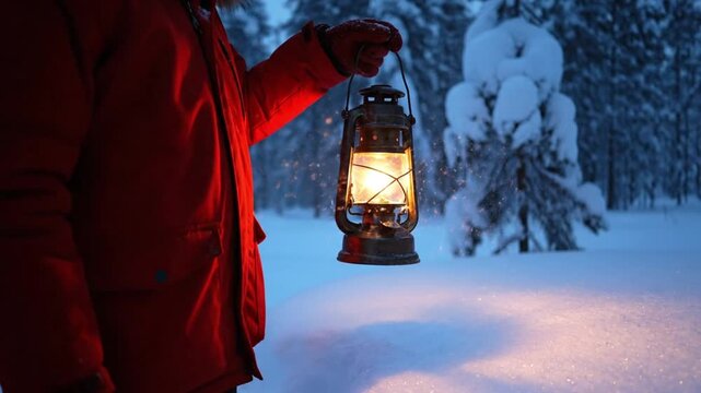 A person in a red parka holds a glowing vintage lantern, illuminating the heavy snow in a dark, cold winter forest. The warm light contrasts with the deep blue twilight scene.