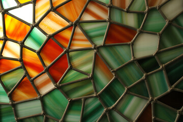 Closeup of colorful stained glass mosaic with geometric patterns