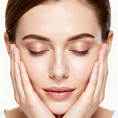 Caucasian Woman with Eyes Closed Touching Face