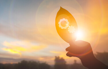 Eco Innovation Silhouette with Leaf and Gear Icons at Sunset