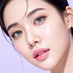 Close-up Portrait of Asian Woman with Dewy Glowing Skin and Grey Eyes