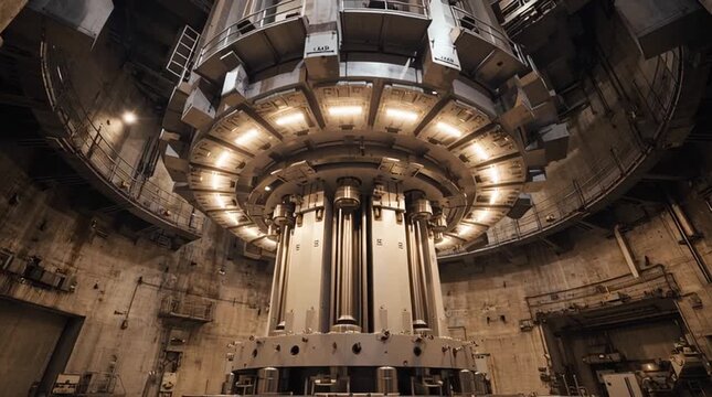 a nuclear reactor&rsquo;s mechanical drive mechanism, revealing powerful electromagnets that precisely hold and release control rods, highlighting engineering precision and advanced reactor safety systems.
