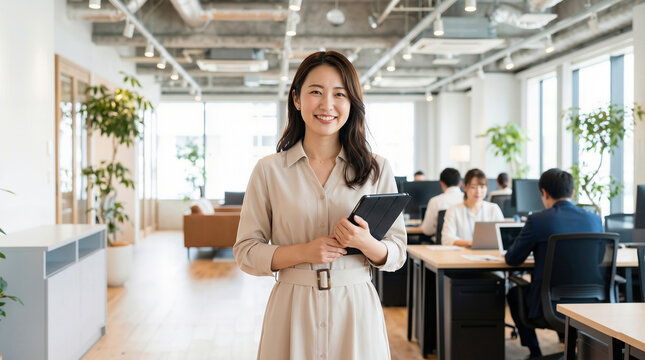 Portrait of a smiling Asian businesswoman in a beige dress holding a tablet, standing in a modern open-plan office with colleagues working in the background