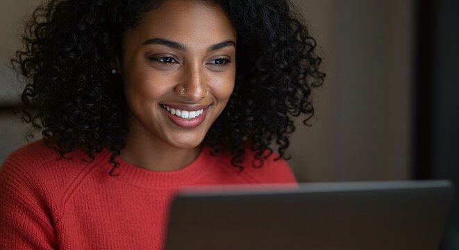 Professional smiling while looking at a laptop screen, representing modern business and technology.Concept of professional satisfaction and office technology.