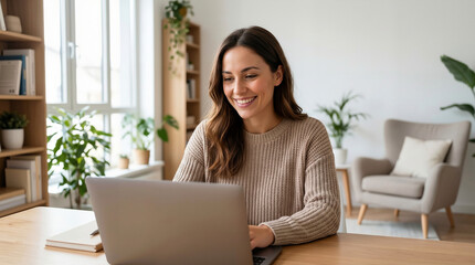 Smiling young woman working on a laptop at a wooden desk in a bright, modern home office with plants and natural light