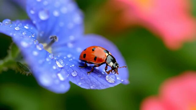 A ladybug crawls on a blue flower with water droplets, capturing intricate detail of nature. The droplets reflect the scene