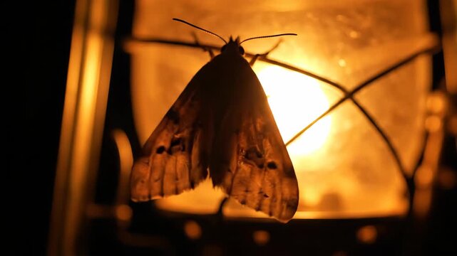 A silhouetted moth against a warm, luminous backdrop. The insect is front and center