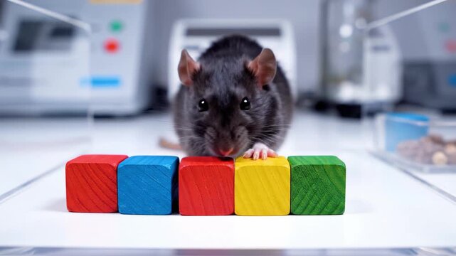 A black laboratory mouse interacts with colorful wooden blocks in a sterile environment. This scene illustrates animal intelligence, cognitive research, and scientific experiments.