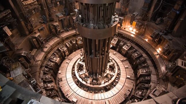 a nuclear reactor&rsquo;s mechanical drive mechanism, revealing powerful electromagnets that precisely hold and release control rods, highlighting engineering precision and advanced reactor safety systems.
