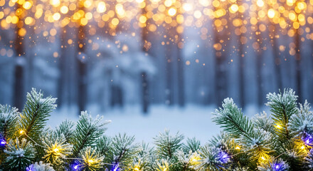 Image of snowy fir branch with string lights against blurred forest and bokeh lights, representative of winter holidays, especially Christmas celebration