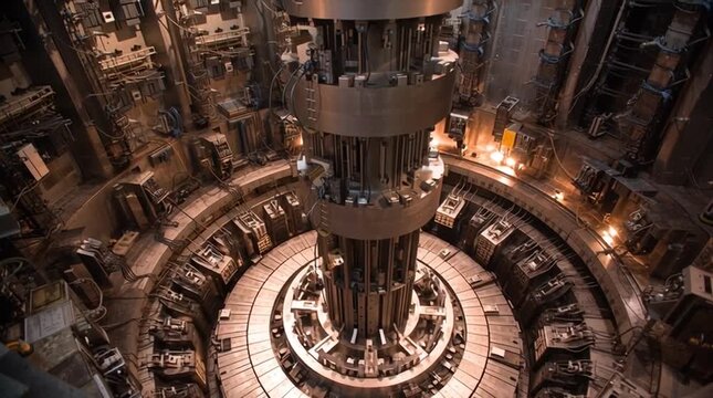 a nuclear reactor&rsquo;s mechanical drive mechanism, revealing powerful electromagnets that precisely hold and release control rods, highlighting engineering precision and advanced reactor safety systems.
