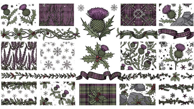 Scottish thistle floral elements and tartan patterns collection