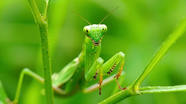 A close-up view of a green praying mantis perched on a green plant stem. The insect is looking towards the viewer, seemingly curious