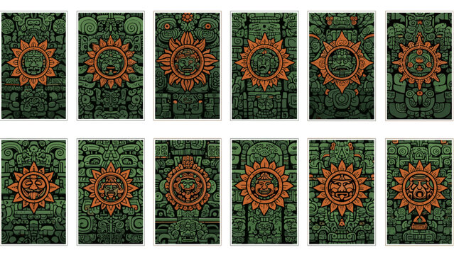 Collection of ancient mayan glyphs and symbols on stone tablets