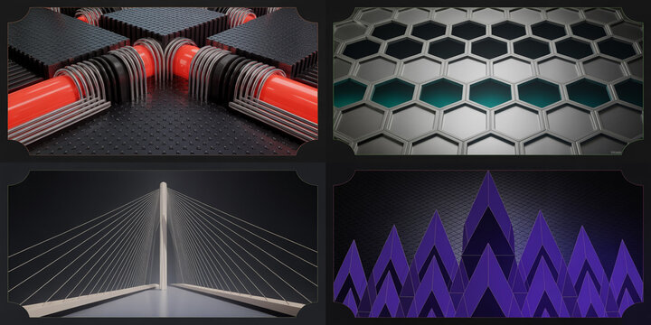 Ultra-detailed Cyberpunk Deco quadriptych panels, futuristic modular architecture, neon-glow geometric motifs, obsidian background, high-contrast, best-selling, visually unique, glitch-art depth.