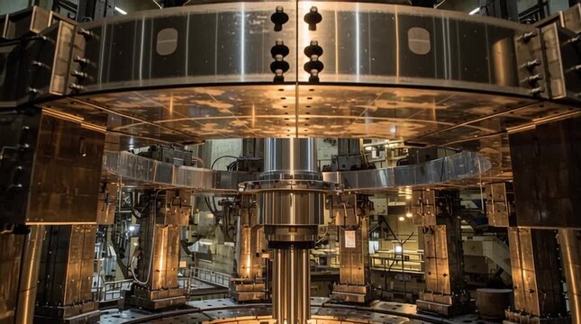 a nuclear reactor&rsquo;s mechanical drive mechanism, revealing powerful electromagnets that precisely hold and release control rods, highlighting engineering precision and advanced reactor safety systems.
