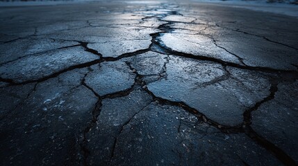 A cracked asphalt surface with reflective surfaces captures the aftermath of wear and tear, a testament to resilience. Nature's artistry on display, showcasing resilience.