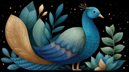 Elegant Peacock Illustration with Floral and Leaf Designs on Black Background