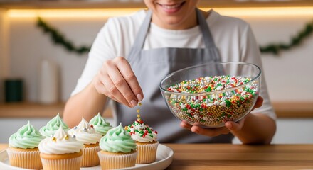 Woman decorating Christmas cupcakes with colorful sprinkles and frosting in a modern kitchen.