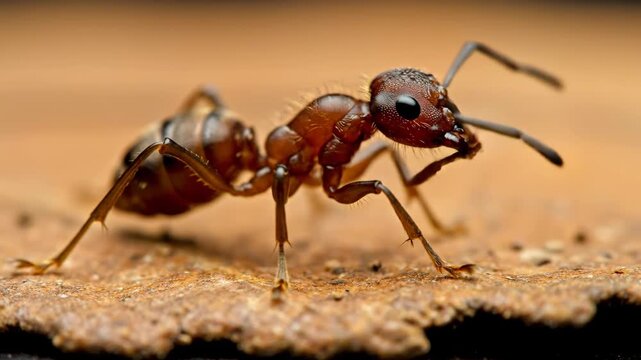 A detailed macro photograph presents a red ant resting on a textured, brown surface, showcasing the ant's anatomy