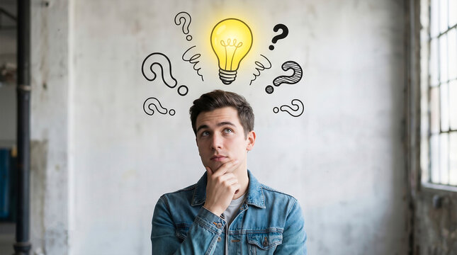 Young man thinking about something with hand on chin looking up at drawn question marks above his head, symbolizing finding a solution or a new idea
