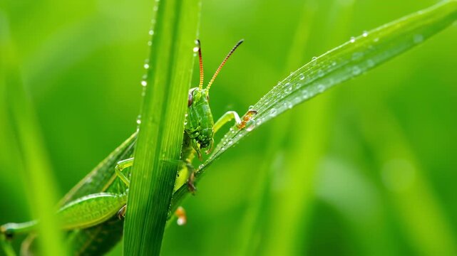 A close-up view of a green grasshopper resting on a blade of grass. Small water droplets glisten