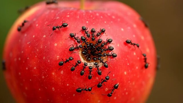A close-up shot of a bright red fruit, with a group of black ants gathered, feeding