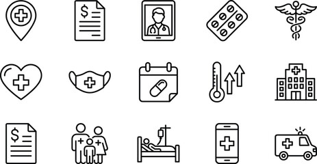 Medical healthcare icon set, hospital symbols, telemedicine, treatment tools, family care, medication reminders, emergency services, clinical support graphics, outline design