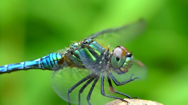 A detailed image of a dragonfly perched on a surface, with close-up. The dragonfly exhibits a beautiful blend of blue, green, and brown colors