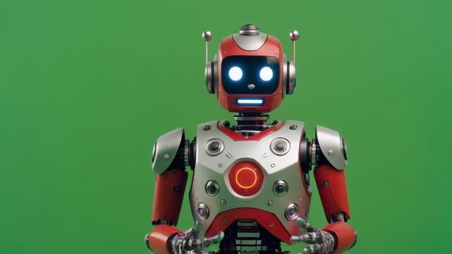 Red and Silver Robot Miming Speech with Glowing Blue Eyes Against a Green Screen Background