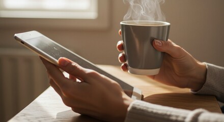 Hands hold a digital tablet and a cup of coffee, highlighting the concept of a modern, relaxed work environment.Concept of digital technology and business productivity.