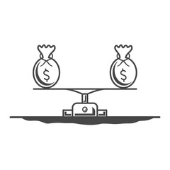 Vector illustration of a bag of dollar bills on a scale, designed with simple black lines. Design for finance, economics, and business concepts.