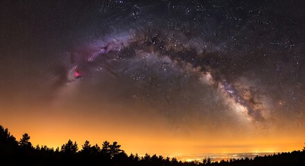 Fototapeta premium Vast galaxy arches over illuminated horizon and silhouetted trees.