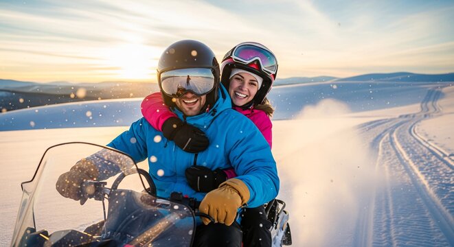 Happy young couple riding snowmobile together during beautiful sunset in mountain winter landscape.