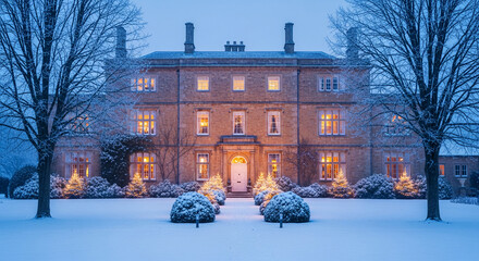 Facade of stone building with illuminated windows, surrounded by snow-covered trees and bushes, suggesting winter holiday, warmth, and festive atmosphere