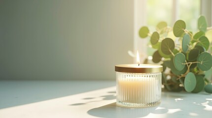 Aesthetic candle in a transparent ribbed glass jar with a metallic golden lid softly glowing flame.