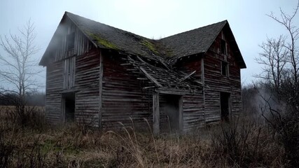 A weathered and abandoned wooden structure with a damaged roof and a desolate setting. The scene evokes a sense of decay and isolation - Powered by Adobe