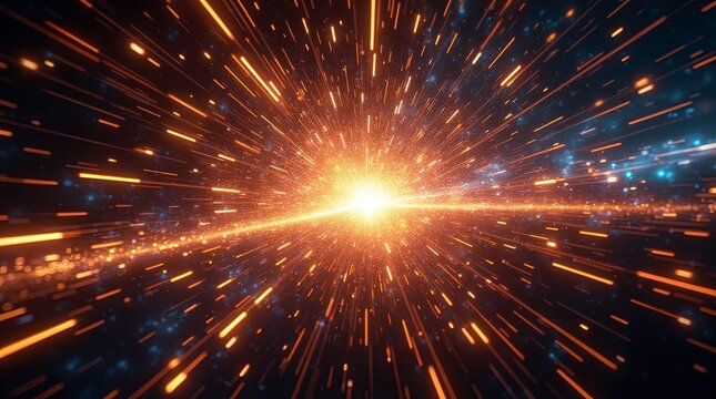 Abstract explosion of glowing lights in space radiating outward from a brilliant central point, point, creating a warp-speed or hyperspace tunnel effect.
